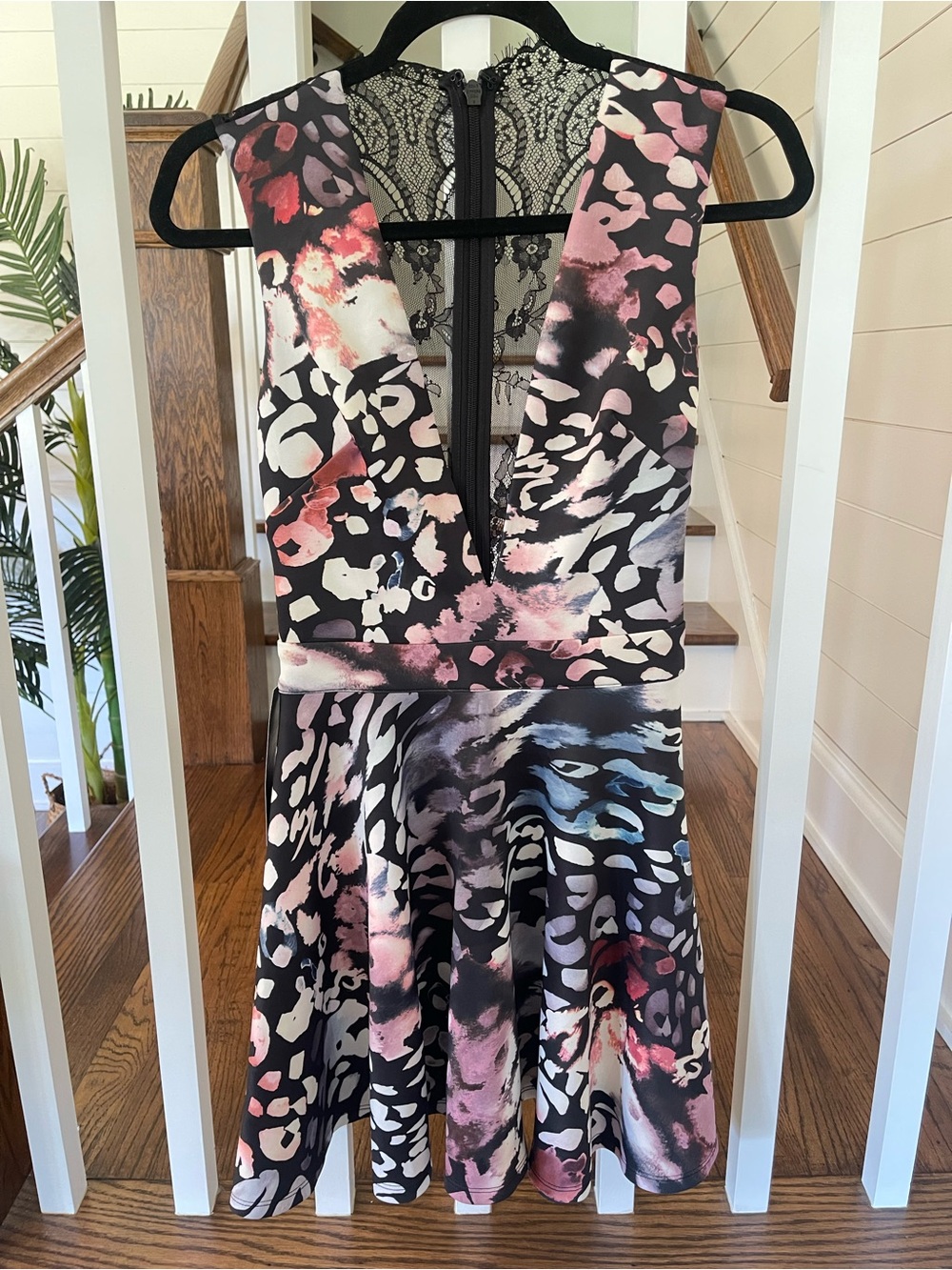 bebe Black Mini Dress with Pink and Cream Abstract Print